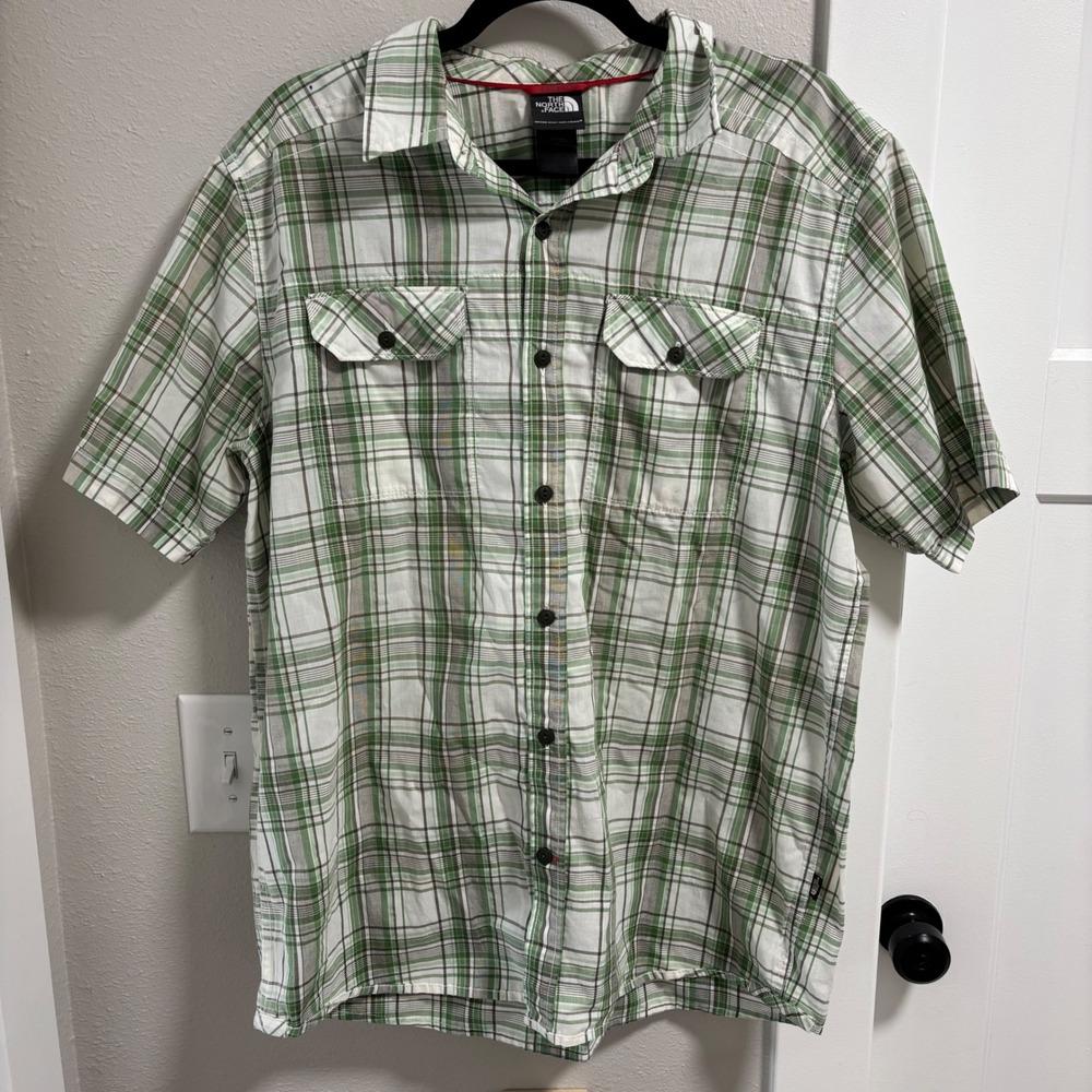 Men's The North Face TNF Green Plaid Button Up Polo shirt *minor flaws* Large
